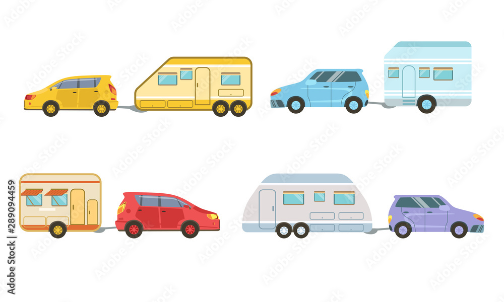 Collection of Cars with Trailers, Trailering, Camping, Outdoor Adventures Vector Illustration
