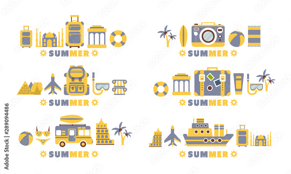 Summer Travel Badges Set, Summertime Holidays, Vacation Labels Flat Vector Illustration