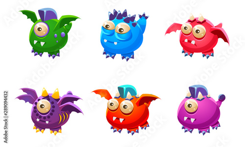 Cute Colorful Little Glossy Fantastic Monsters Set, Funny Big Eyed Mutants Cartoon Characters Vector Illustration
