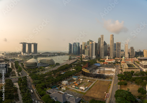 Singapore marina bay area skyscrapers at dusk