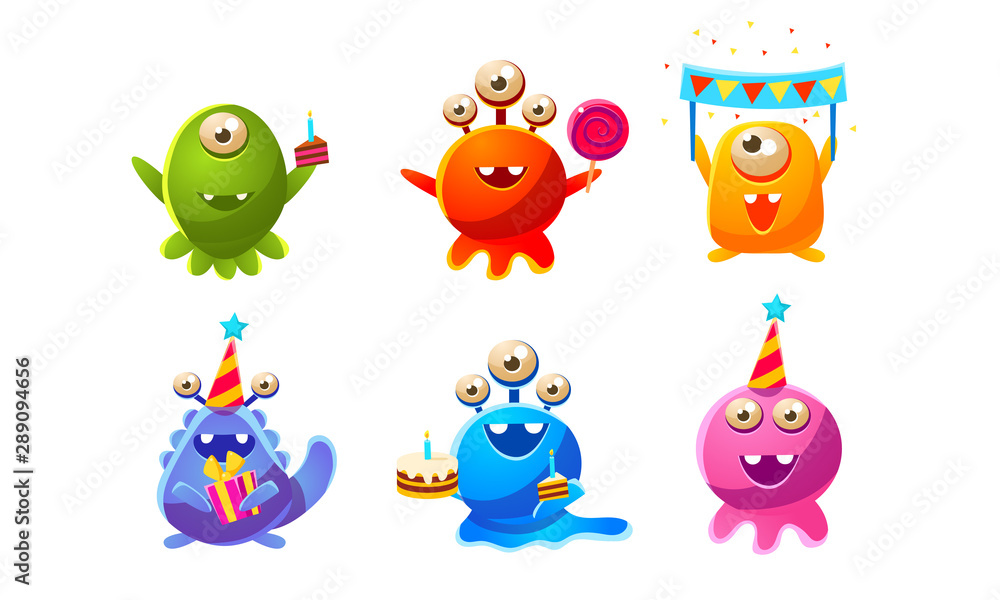 Collection of Cute Funny Colorful Monsters Cartoon Characters, Birthday Party Design, Happy Mutants Celebrating Party Vector Illustration