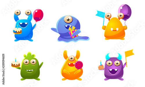 Collection of Cute Funny Fantastic Monsters Cartoon Characters, Happy Mutants Celebrating Birthday Party Vector Illustration