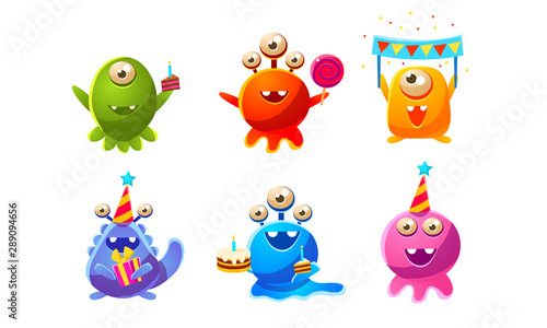 Collection of Cute Funny Colorful Monsters Cartoon Characters, Birthday Party Design, Happy Mutants Celebrating Party Vector Illustration