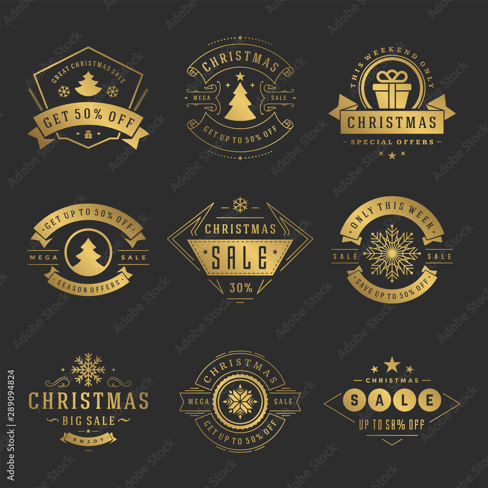 Christmas sale labels and badges with text typographic decoration design vector vintage style set