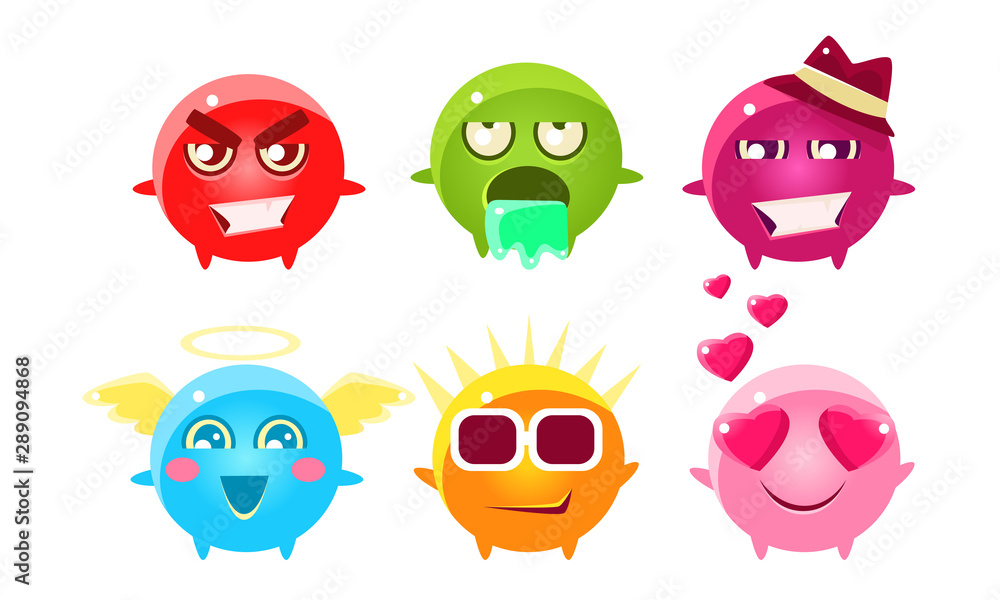 Colorful Glossy Bright Fantastic Balls Cartoon Characters Set, Cute Funny Monsters with Various Emotions Vector Illustration