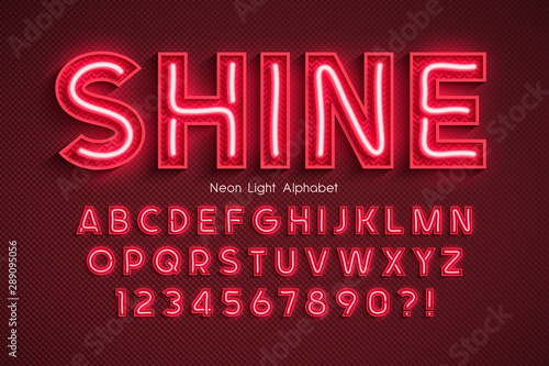 Neon light 3d alphabet, extra glowing font.