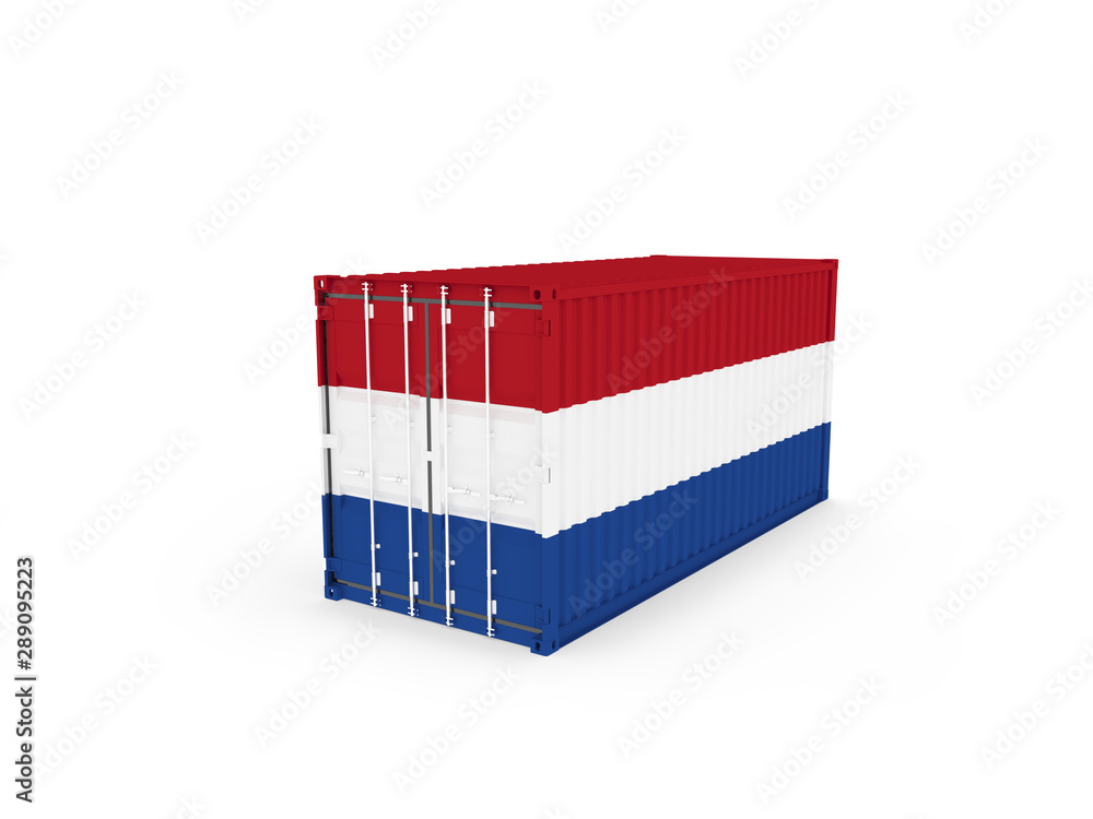 3D Illustration of Cargo Container with Netherlands Flag on white background. Delivery, transportation, shipping freight transportation