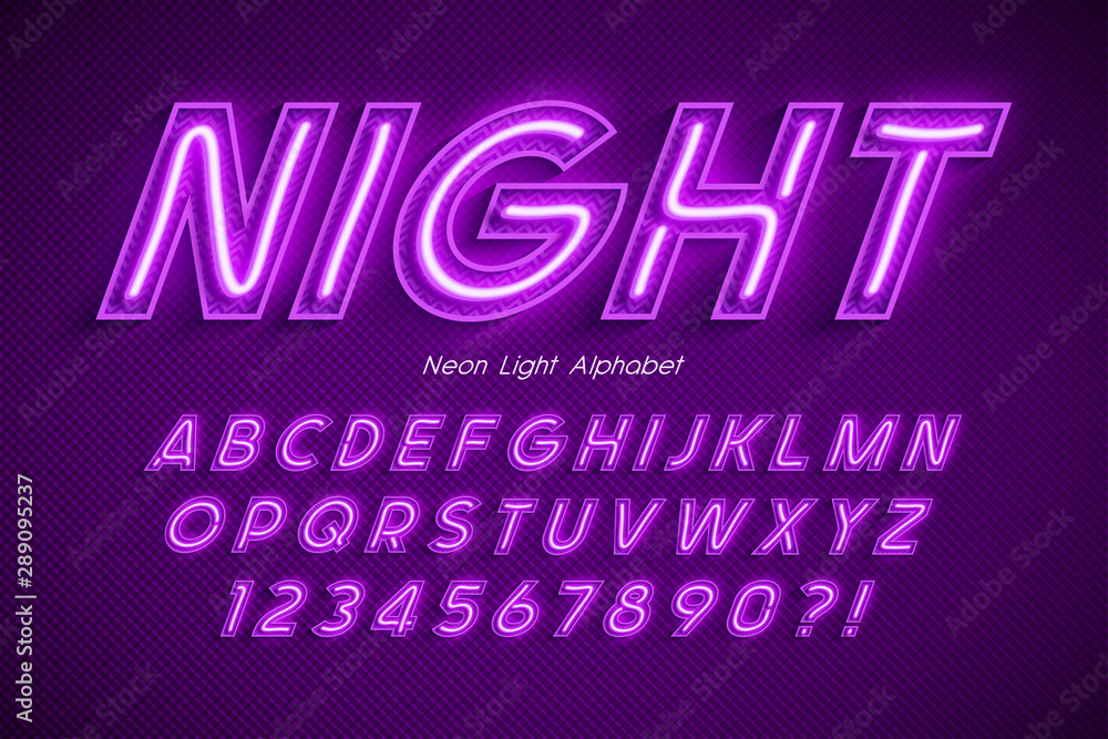 Neon light 3d alphabet, extra glowing font.