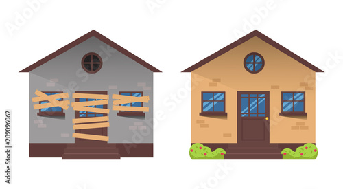 House before and after repair. 