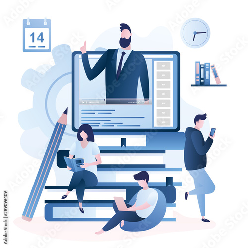 Pile of books and tablet pc with video course,mentor and various people with gadgets