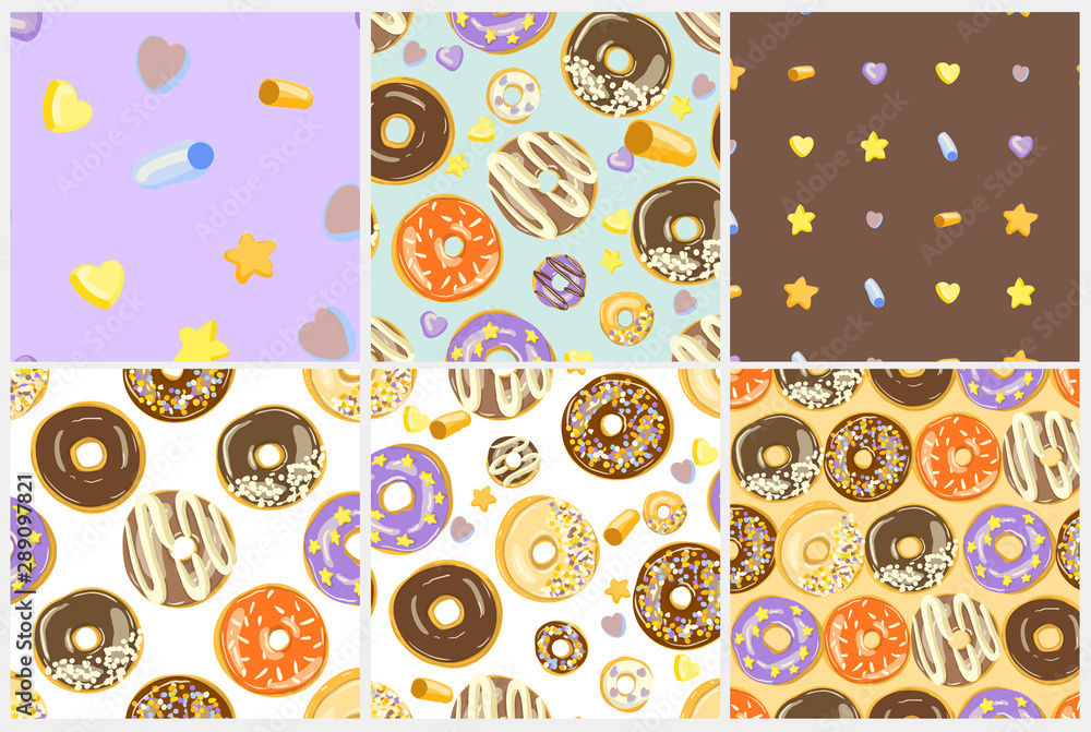 Glazed Donuts seamless pattern set. Vector illustrations. Top View doughnuts