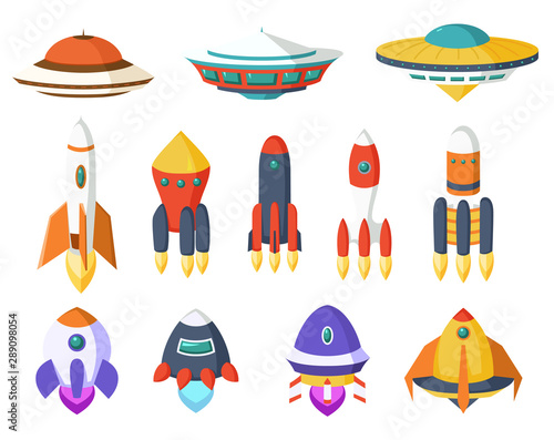 Vector of spaceship, Spacecraft, Rocket, UFO. A set of cute and colorful icon collection isolated on white background.
