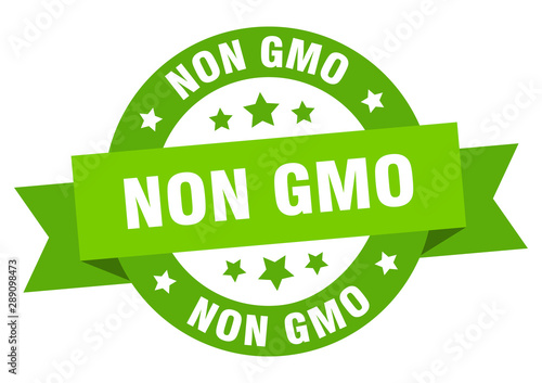 non gmo ribbon. non gmo round green sign. non gmo