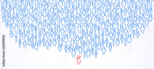 March of activists with female leader, group of stick figures