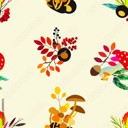 Autumn vector seamless pattern with berries  acorns  pine cone  mushrooms  branches and leaves.