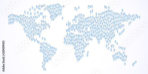 World map, stick figures forming world population, planet earth