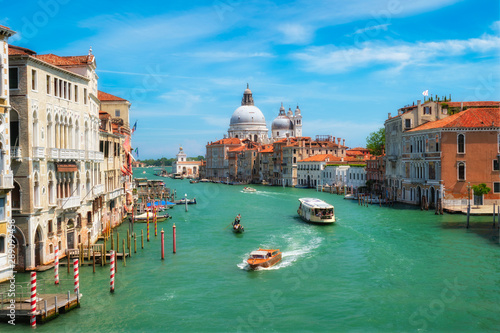 View of Venice Grand Canal and Santa Maria della Salute church on sunset