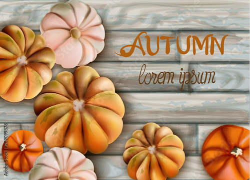 Random size pumpkins with Autumn text Vector card. Wooden background illustra...