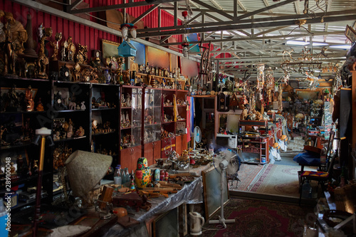 Photography Flea market, swap meet with old rare retro things and vintage objects