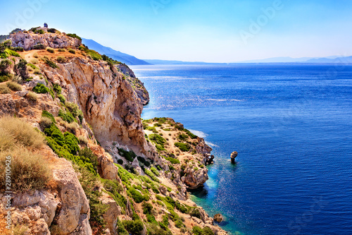 Seascape from the rocky steep coast of the Ionian Sea in Greece.