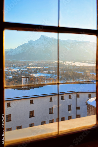 View from window glass on Salzburg of Austria in snow