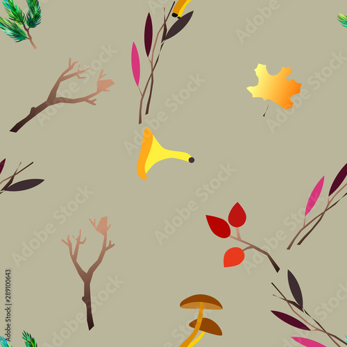 Autumn vector seamless pattern with berries  acorns  pine cone  mushrooms  branches and leaves.