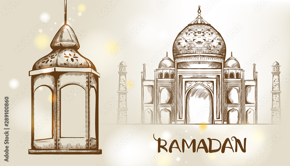 Obraz premium Rose gate pillar lantern with golden moon and mosque on background Vector card. Ramadan text. Light sparkles. Rococo texture pattern and line art
