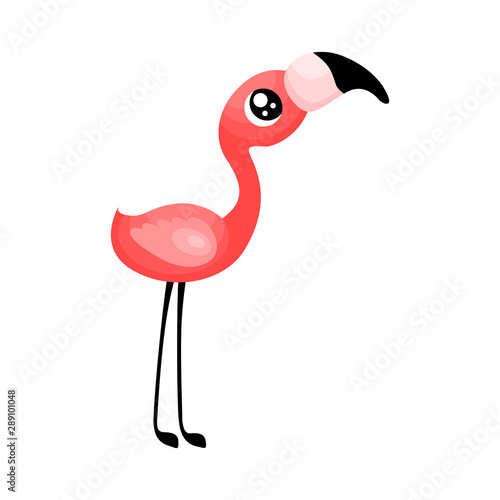 Cute chick flamingo with big eyes looking up. Baby bird isolated on white background. Flat vector illustration.