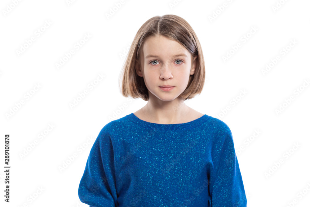 Cute teen girl in a blue sweater. Isolated over white background. Cute teen girl in a blue sweater. Isolated over white background.