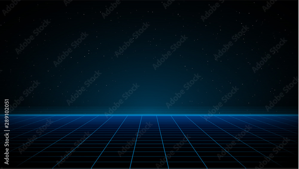 Synthwave vaporwave retrowave cyber background with copy space, laser grid, starry sky, blue glow. Design for poster, cover, wallpaper, web, banner, etc. VHS effect. Eps 10.
