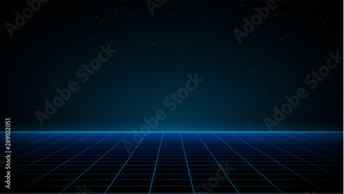 Synthwave vaporwave retrowave cyber background with copy space, laser grid, starry sky, blue glow. Design for poster, cover, wallpaper, web, banner, etc. VHS effect. Eps 10. photo