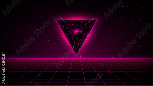 Retrowave synthwave vaporwave pink cyber laser grid with blue glowing triangle portal with speed rays in starry space. VHS effect. Eps 10