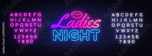 Ladies Night neon sign vector. Night Party Design template poster neon sign, light banner, nightly bright advertising, light inscription. Vector illustration. Editing text neon sign