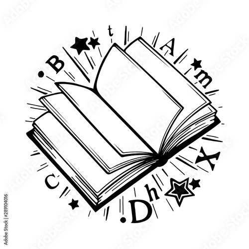 Study and knowledge concept illustration. Book. Hand drawn open book icon. Book, stars, letters and rays sketch drawing.