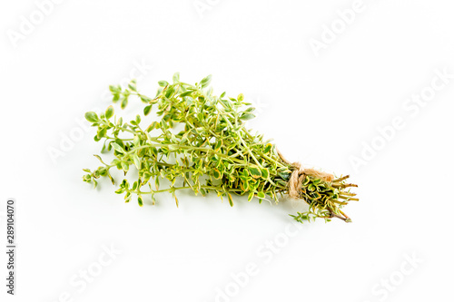 Green bundle of thyme isolated on a white background. Мedicinal herbs. Flat lay. Top view