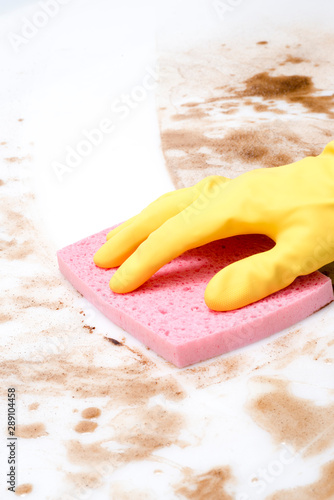 Hand Cleaning Counter or Floor Covered in Spills Using a Sponge