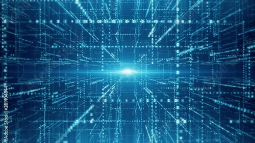 Abstract technological virtual tunnel space with binary digits flow.  Science and technology sci-fi concept. Seamless looping 3d rendering.
