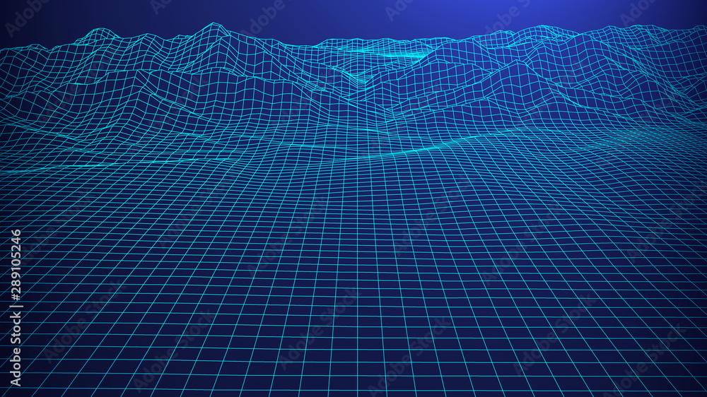Vector retro futuristic background. Abstract digital landscape with particles dots and stars on horizon. Wireframe landscape background. Big Data Digital retro landscape Retro Sci-Fi Background. Vector retro futuristic background. Abstract digital landscape with particles dots and stars on horizon. Wireframe landscape background. Big Data Digital retro landscape Retro Sci-Fi Background.
