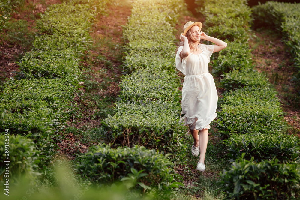 Obraz premium Cute young girl in a white dress and a straw hat carefree runs between the bushes of a tea tree on a plantation on a sunny warm summer day. Concept of eco-tourism and environmental care