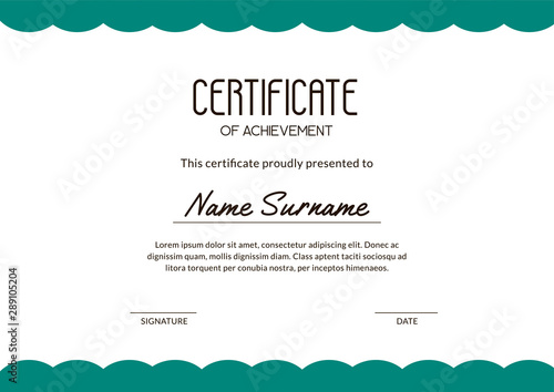 Clean certificate of accomplishment with green blue circles on the white background. Geometrical layout with sample text for courses, competitions, training, tests. A4 scaled vector illustration