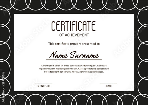 Simple minimalism certificate with white outline circles on the black background. Clean template with frame for courses, competitions, gift cards. A4 scaled vector illustration with sample text