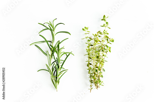 Green branchs of rosemary and thyme isolated on a white background. Flat lay. Top view