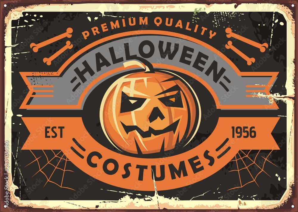 Halloween costumes store vintage metal sign board design. Holiday accessories and decorations