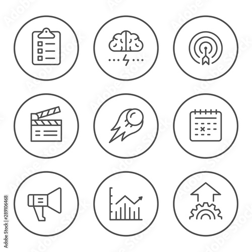 Set round line icons of start up