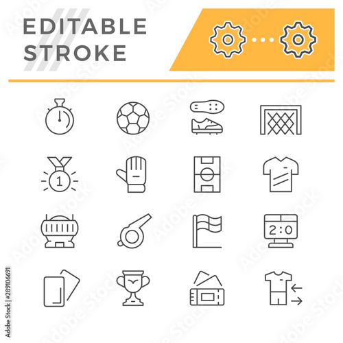 Set editable stroke line icons of soccer