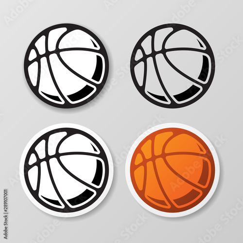 Set of black and color basketball stickers isolated on gray background