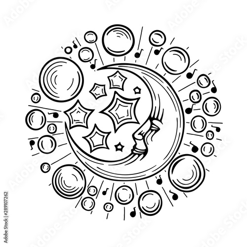 Moon, stars and bubbles. Moon and stars hand drawn vector illustration. Slip and dream metaphor concept.