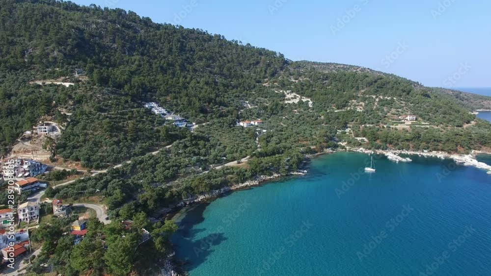 Chrissi Ammoudia Beach to Olive plantations in Thassos, Greece, drone flight Chrissi Ammoudia Beach to Olive plantations in Thassos, Greece, drone flight