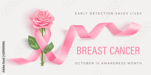 Breast cancer awareness month vector banner with pink ribbon and rose