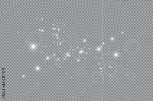 Dust white. White sparks and golden stars shine with special light. sparkles on a transparent background. Christmas abstract pattern. Sparkling magical dust particles.